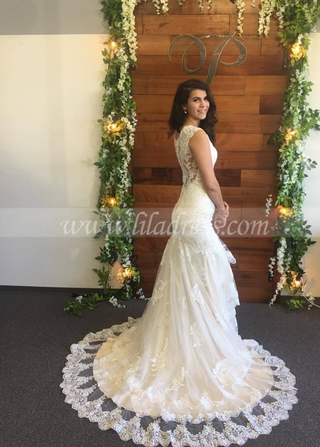 V-neckline Column Wedding Dress Lace Appliques Chapel Train