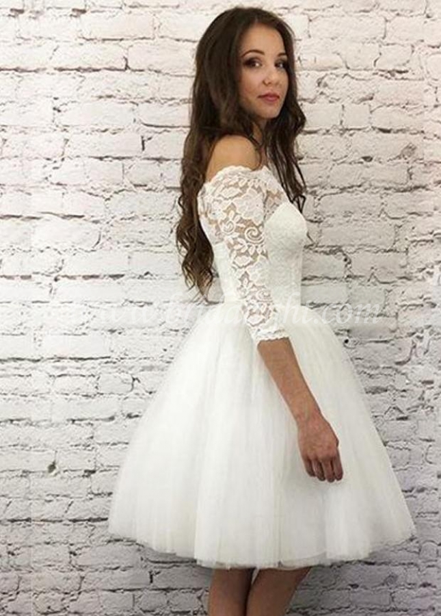 Ivory Short Wedding Dresses Lace Off-the-shoulder Bodice