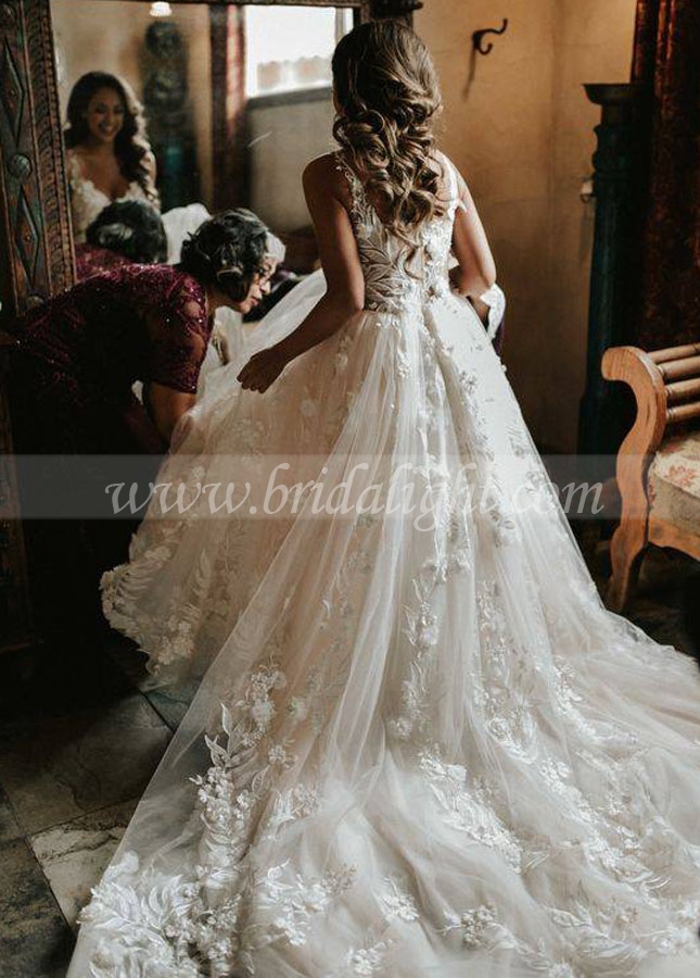 Illusion Body Lace Wedding Dresses Elegant Bridal Gown With Chapel Train