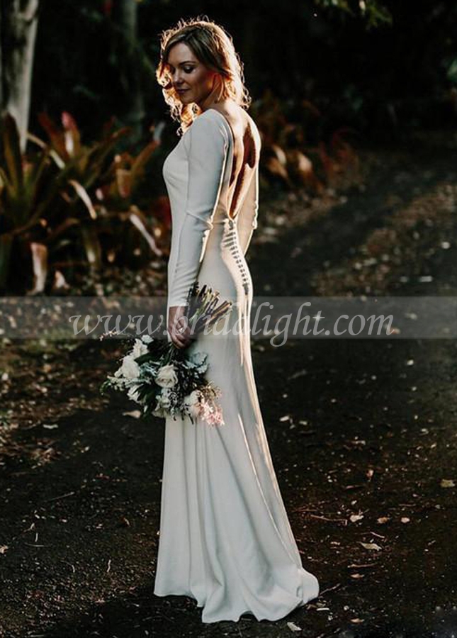 Ivory Simple Wedding Dresses Fashion Long Sleeve Backless Bridal Beach Bohemian Gowns