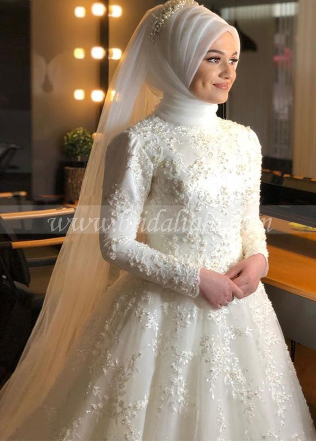 Islamic Ivory Full Lace Pearls Muslim Wedding Dress without Hijab