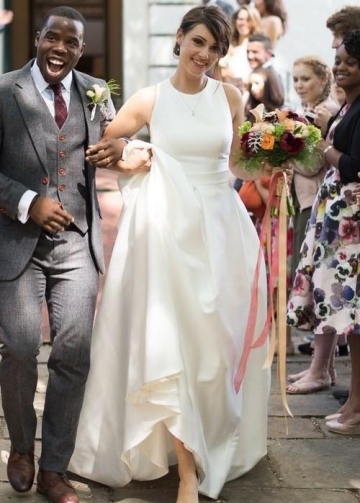 Jewel Simple Satin Wedding Dress with X Back