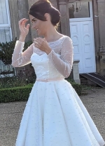 Knee Length Pearl Tulle Wedding Dress with Sheer Sleeves