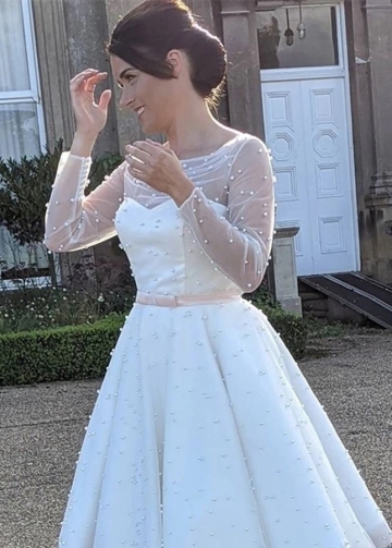 Knee Length Pearl Tulle Wedding Dress with Sheer Sleeves