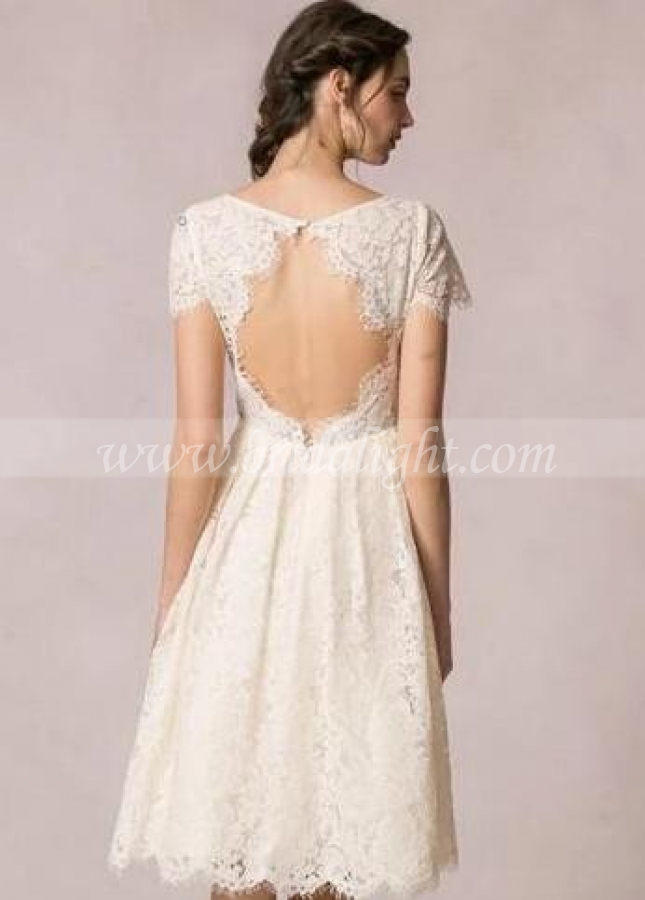 Knee-Length Lace Wedding Gown with Short Sleeves