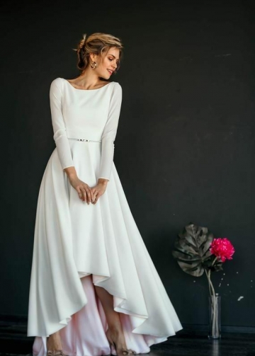 Long-sleeved High Low Wedding Gown Boat Neckline vestido de novia