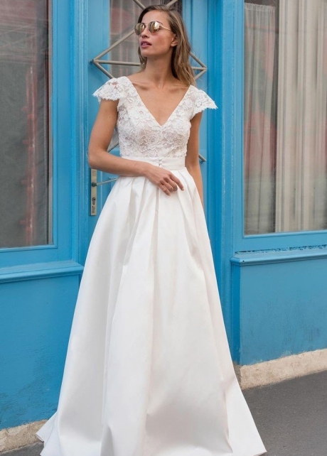Lace V-neck Cap Sleeves Wedding Dress Satin Skirt