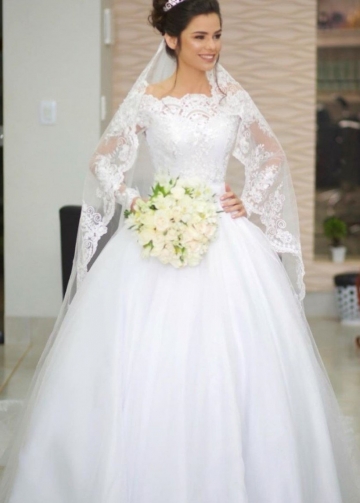 Lace Off-the-shoulder White Wedding Dress Long Sleeves