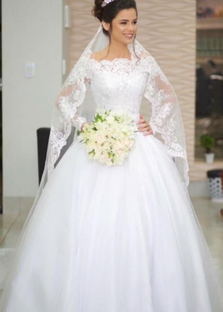 Lace Off-the-shoulder White Wedding Dress Long Sleeves