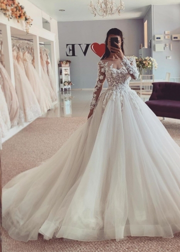 Lace Flower Long Sleeve Wedding Dresses Tulle Skirt