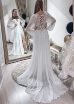 Long Sleeves Satin Chiffon Wedding Dress with Lace Back