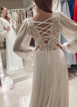 Long Sleeves Satin Chiffon Wedding Dress with Lace Back