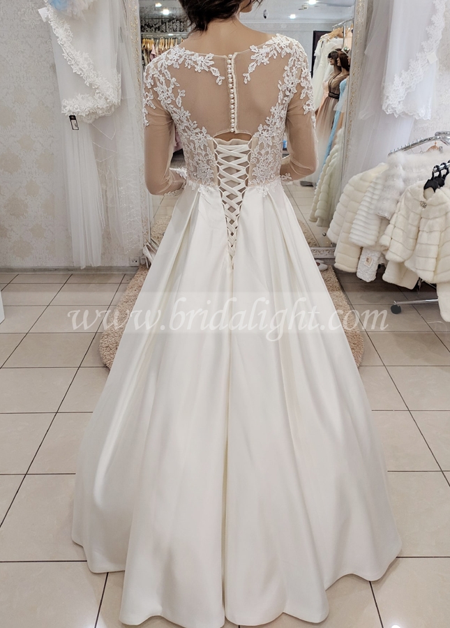 Long Sleeves Satin Ivory Wedding Dresses Floor Length
