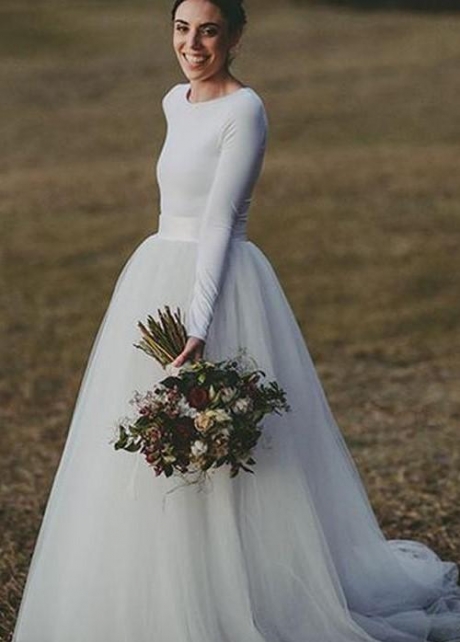 Long Sleeves Spandex T-shirt Wedding Dress with Separate Tulle Skirt