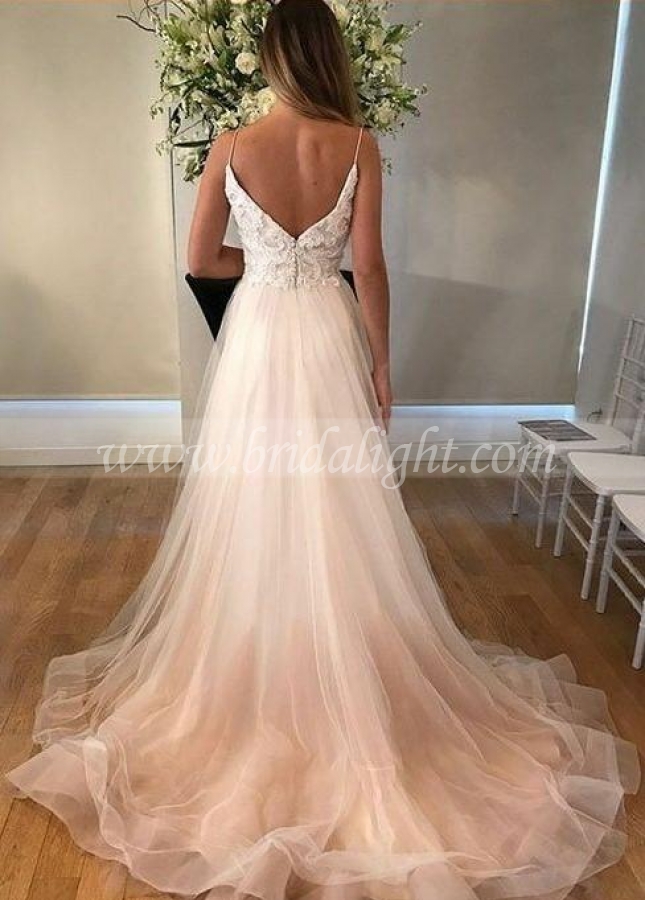 Lace Bodice V-neck Casual Wedding Dresses Tulle Skirt