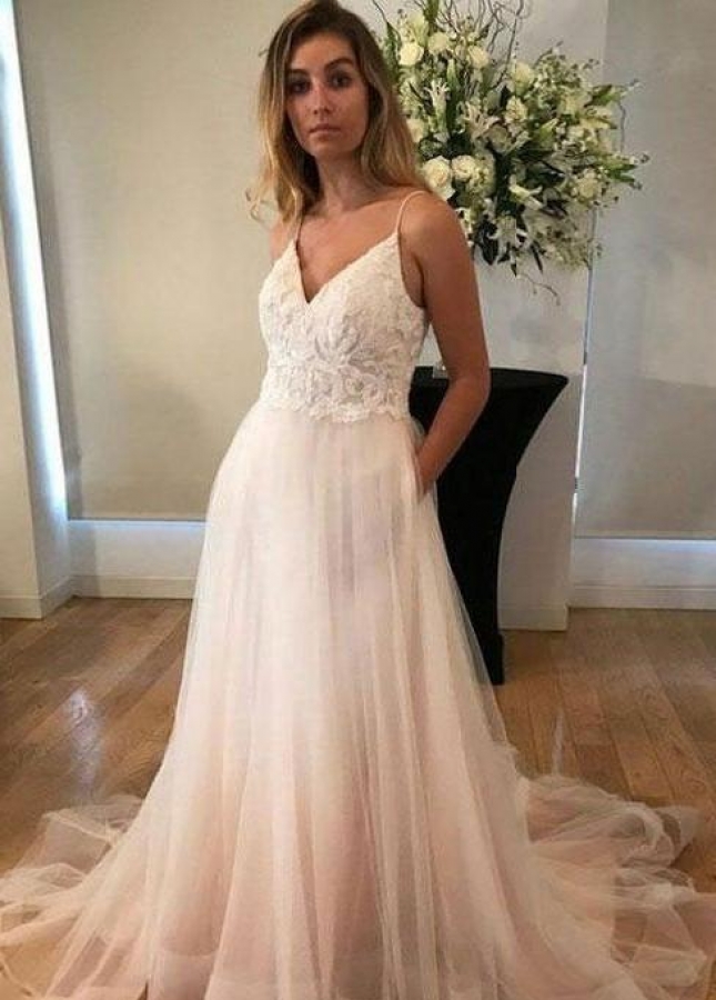 Lace Bodice V-neck Casual Wedding Dresses Tulle Skirt