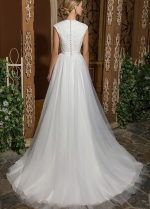 Lace V-neckline Modest A-line Wedding Dress with Stones Belt