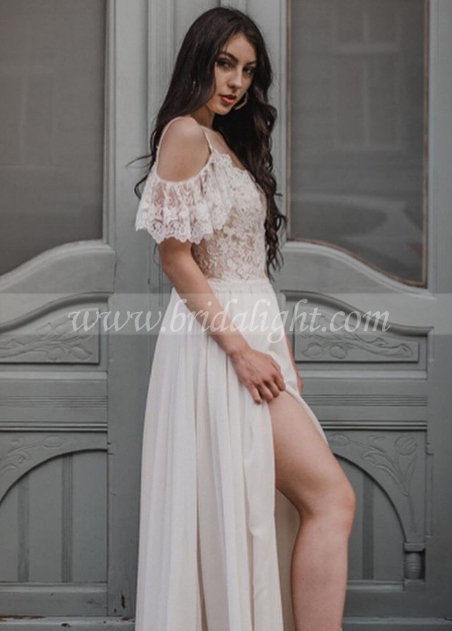 Lace Chiffon Destination Wedding Dress with Slit