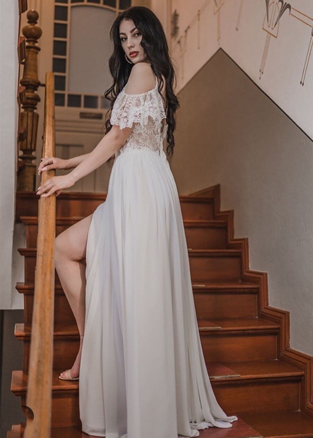 Lace Chiffon Destination Wedding Dress with Slit
