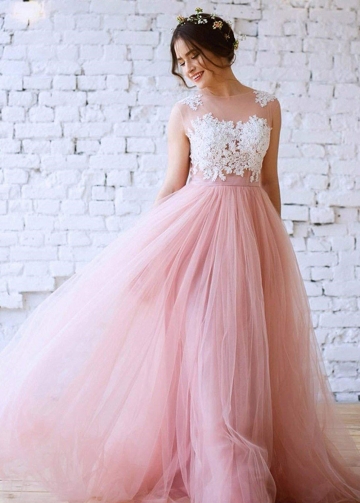 Lace Blush Pink Tulle Wedding Dress with Illusion Neckline