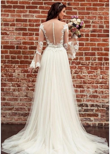 Long Lace Sleeves Bride Dresses with See-through Neckline