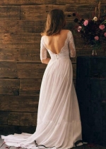 Lace Chiffon Backless Boho Wedding Gowns with Sleeves