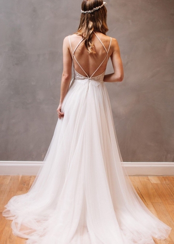 Lace Tulle Beach Casual Wedding Dress with Strappy Back Detail