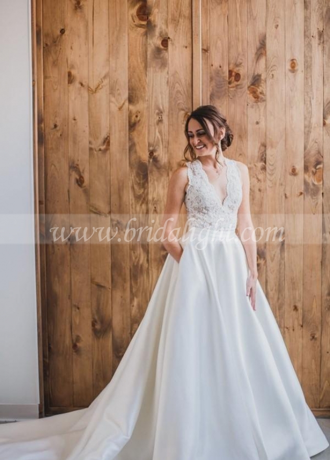 Lace V-neckline Satin Bridal Dresses with Pockets