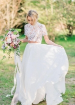 Lace Short Sleeves Two-piece Wedding Dresses with Chiffon Skirt