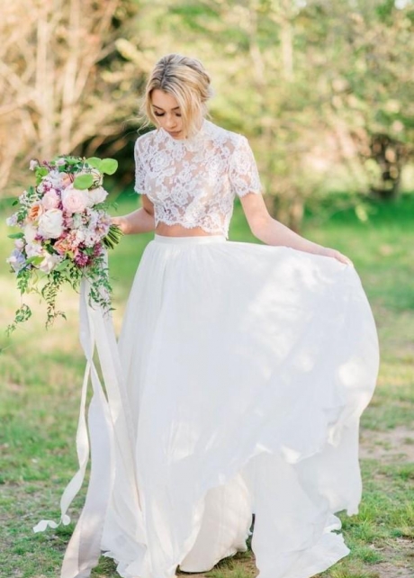 Lace Short Sleeves Two-piece Wedding Dresses with Chiffon Skirt