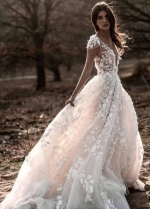 Lace Floral Wedding Dresses with Sheer V-neckline