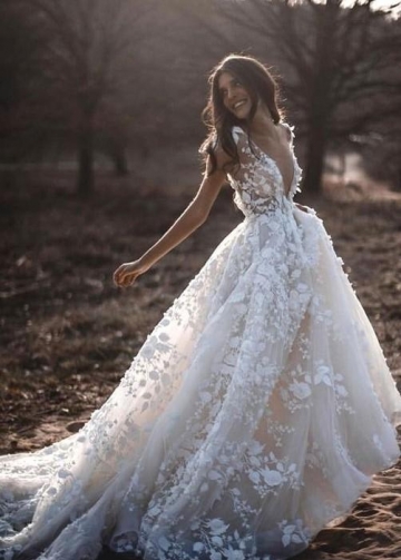 Lace Floral Wedding Dresses with Sheer V-neckline