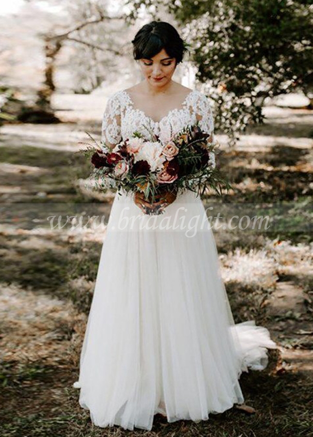 Long Sleeves Bride Wedding Gown with Tulle Skirt