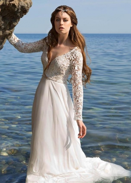 Lace Long Sleeves Boho Wedding Dress with Plunging V-neckline