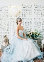 Lace Strapless Wedding Gown Dusty Blue Tulle Skirt