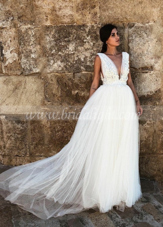 Lace Appliques A-line Tulle Affordable Wedding Dress with Plunging V-neck