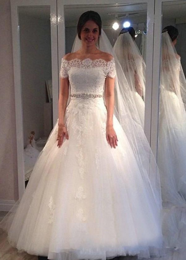 Lace Off-the-shoulder Wedding Gown with Rhinestones Belt