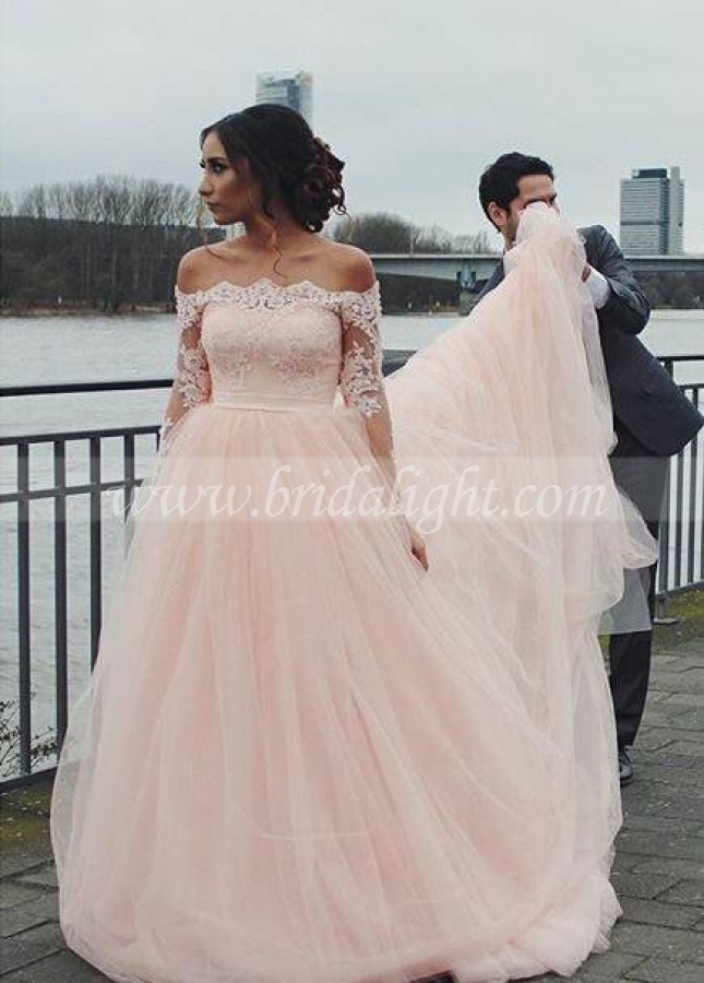 Lace Off-the-shoulder Pink Wedding Gown Long Sleeves