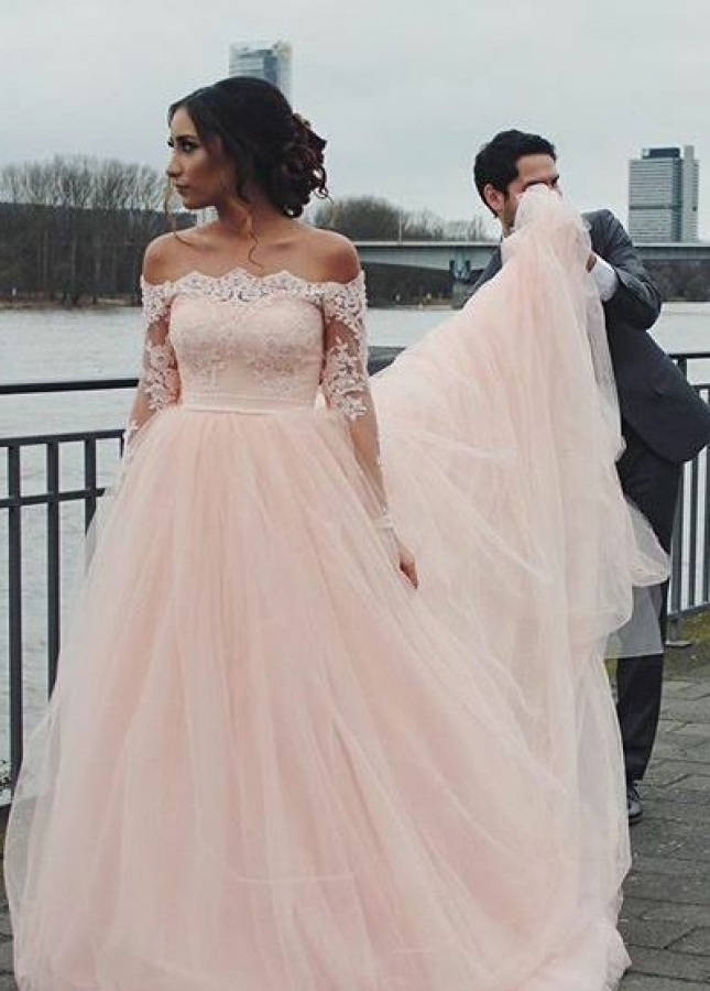 Lace Off-the-shoulder Pink Wedding Gown Long Sleeves