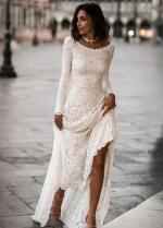 Lace Full Sleeves Modest Wedding Gowns with Sweep Train