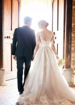 Lace Long Sleeves Champagne Wedding Dresses with Horsehair Skirt