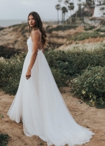 Lace Tulle Beach Wedding Dress with Strappy Back