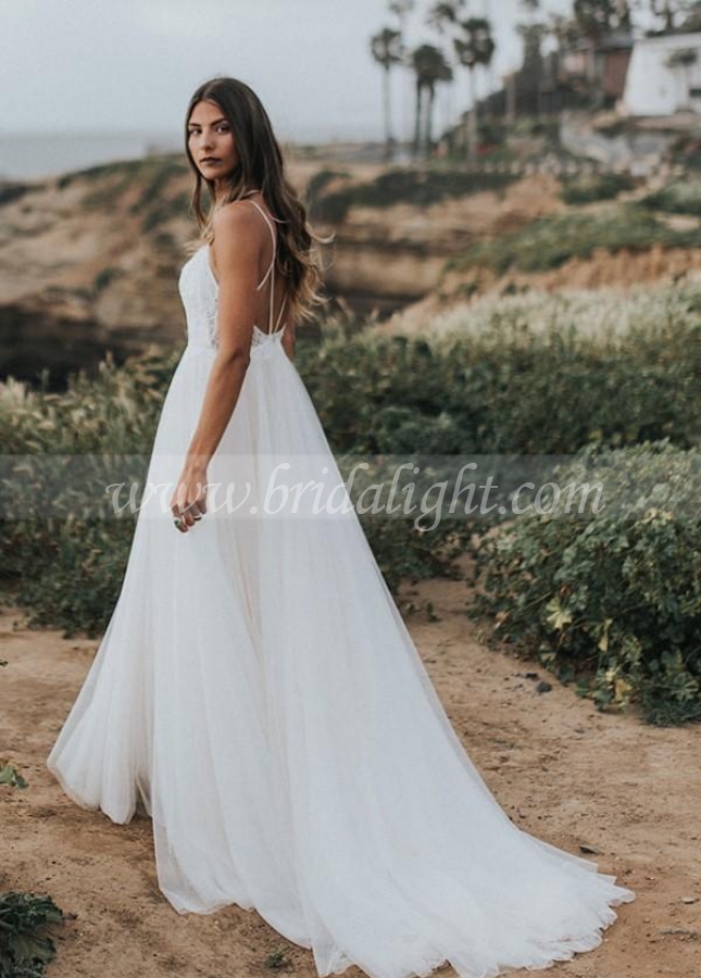 Lace Tulle Beach Wedding Dress with Strappy Back