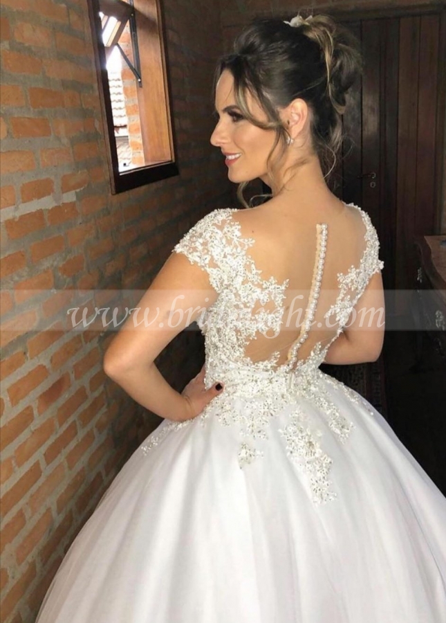 Lace Cap Sleeves Ivory Bridal Gown with Illusion Neckline
