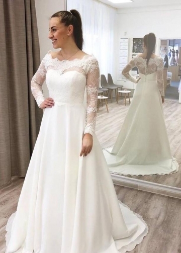 Lace Sheer Long Sleeves Bridal Gown with Chiffon Skirt