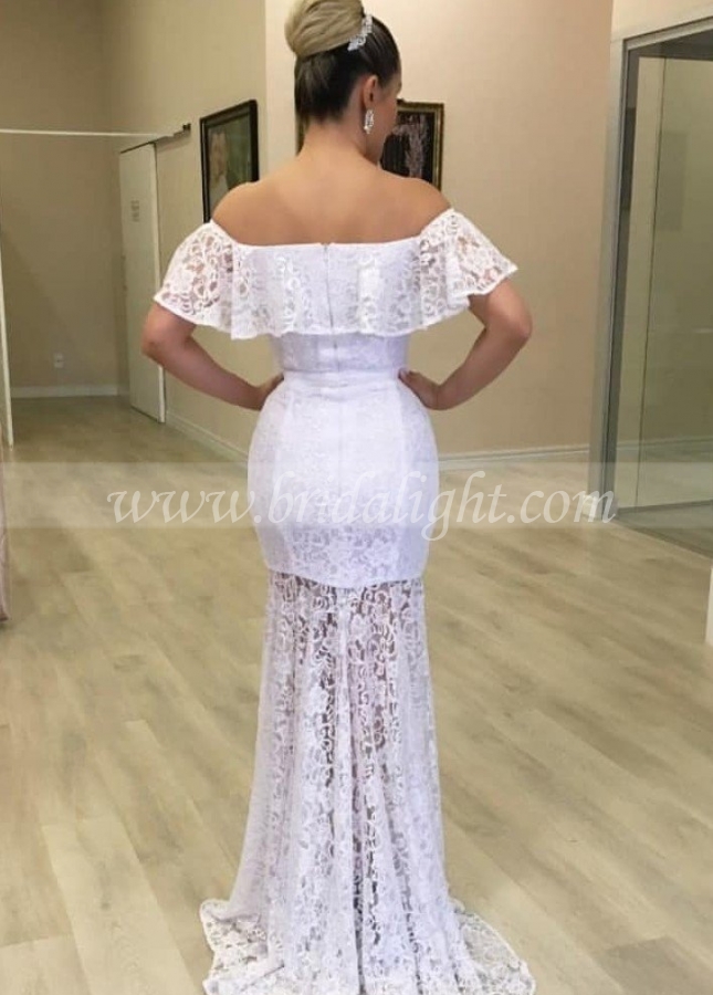 Lace Off-the-shoulder White Bridal Gown with Sheer Skirt