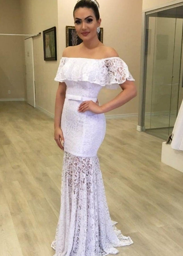 Lace Off-the-shoulder White Bridal Gown with Sheer Skirt
