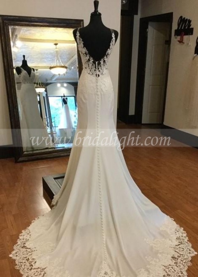 Lace V-neckline Sheath Wedding Gown with Appliqued Trimmed Train