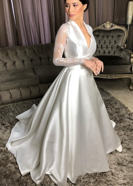 Lace Satin A-line Garden Wedding Gown with Long Sleeves
