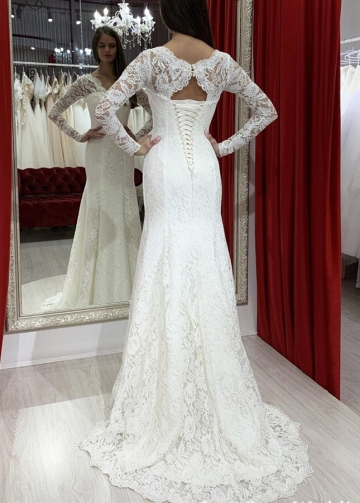 Long Sleeved Lace Wedding Dress with V-neckline